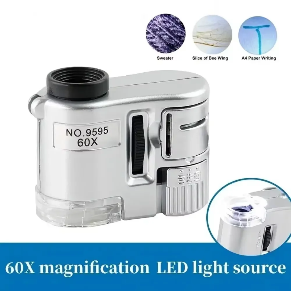 Lupa de Mão 60X, Mini Lupa UV Portátil, Microscópio de Joalheiro com Luz LED