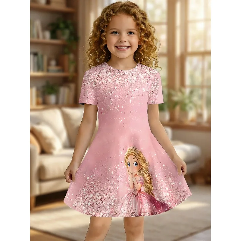 Girl Princess Printed Shiny T-shirt Dress, Pink Shiny Casual Dress, Suitable for Children's Fairy Tale Parties, Birthday Gifts