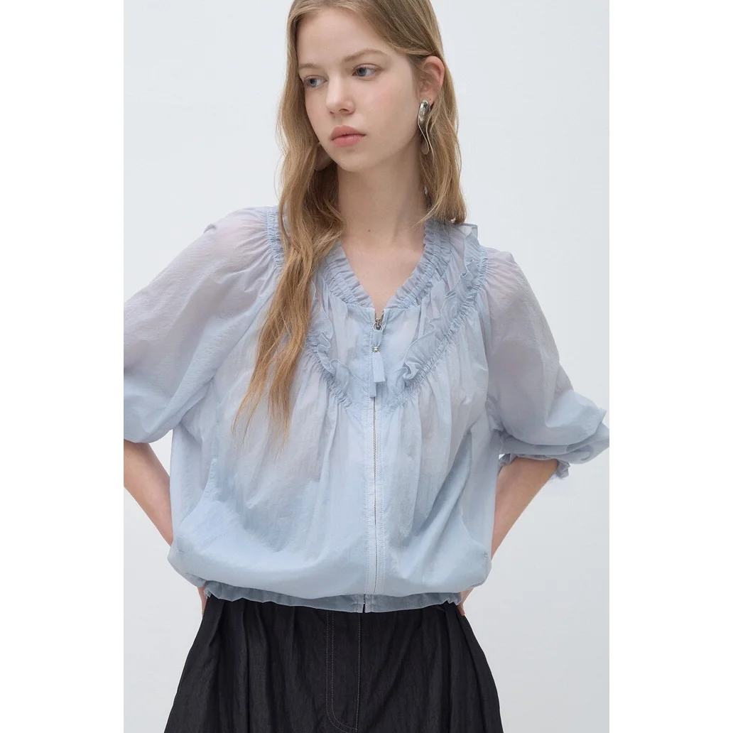 V-Neck Lightweight Sun Protection Jacket Commute Versatile Top with Micro Translucent Quality And Drawstring Pleated Design
