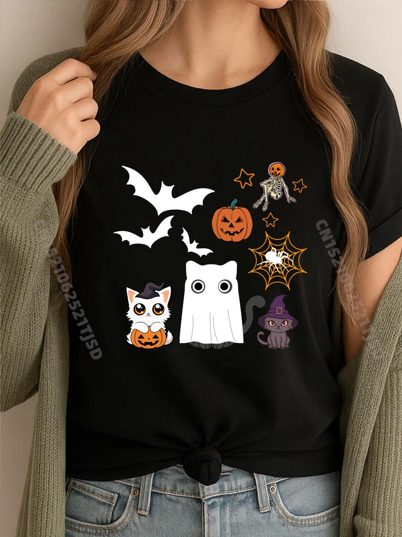 

Хэллоуин для кошки, милый котенок, скелет, призрак, забавное животное, мужская корейская модная футболка большого размера, женские топы, футболки в стиле панк