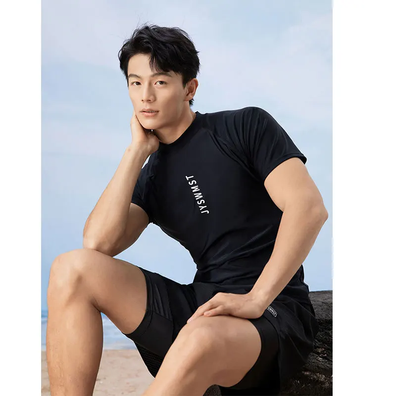 Men Swimsuit 2 Piece Set Shirt And Double Layer Shorts Rashguard Wetsuit Beach Surfing Board Sportswear Water Park Clothing