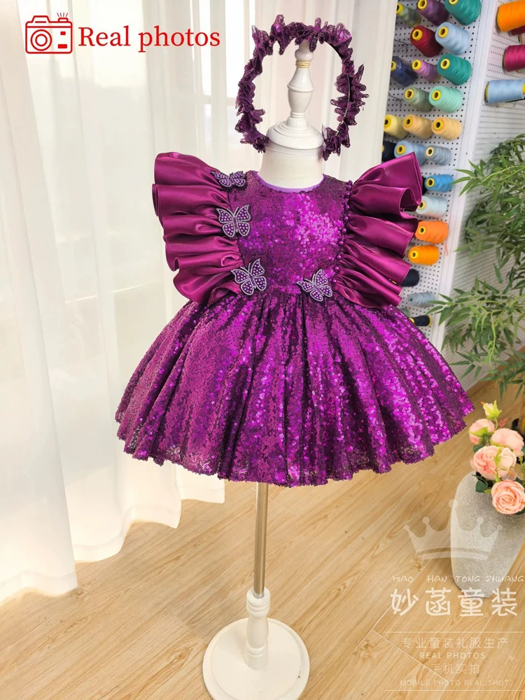 Halloween Costume Purple Sequin Girls' Princess Dress Children's Runway Show Birthday Tutu Dress for Masquerade Ball