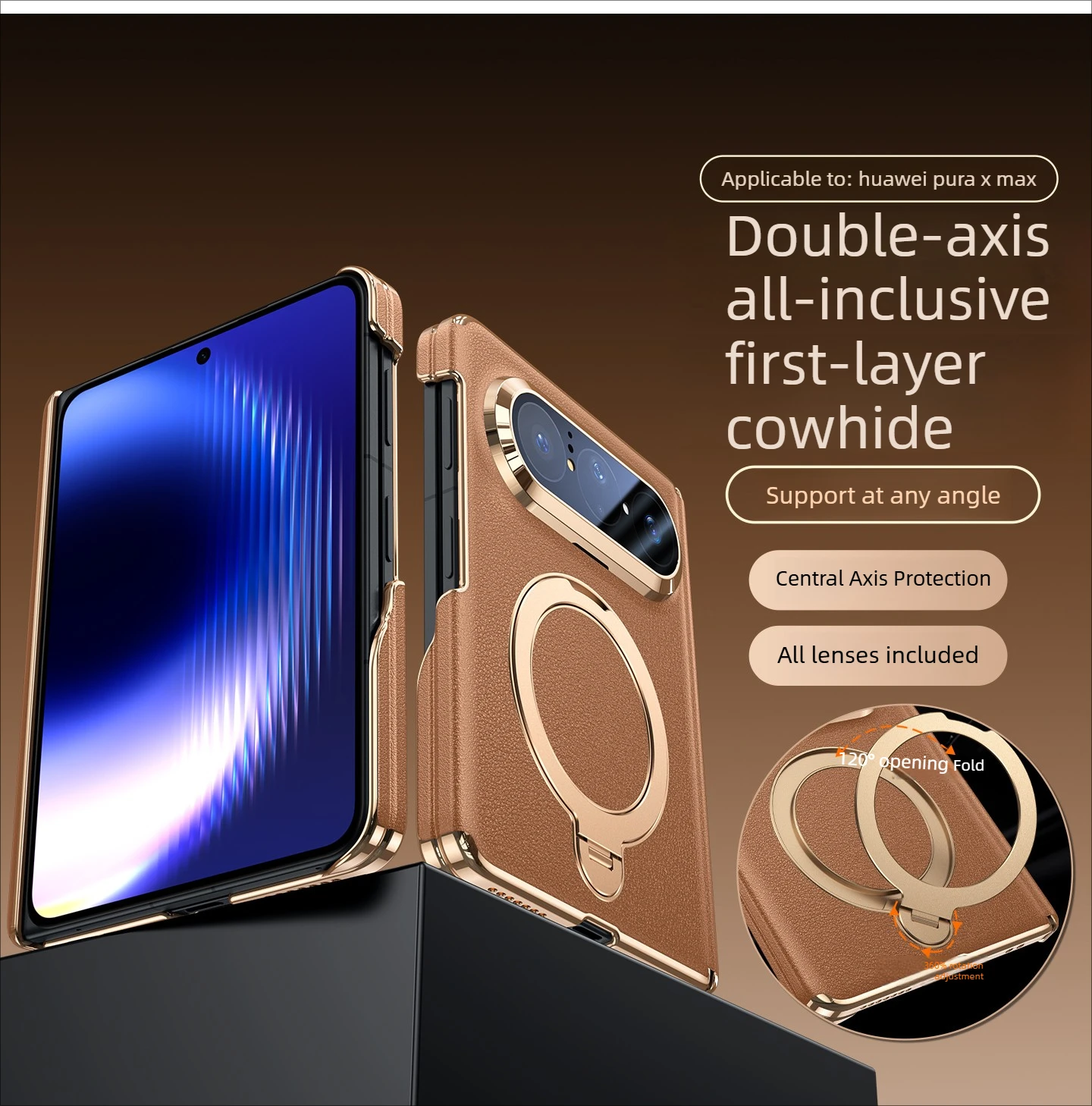 Genuine leather phone case for huawei pura x max, dual mid-axis protection, full lens coverage, 360°rotating magnetic stand case