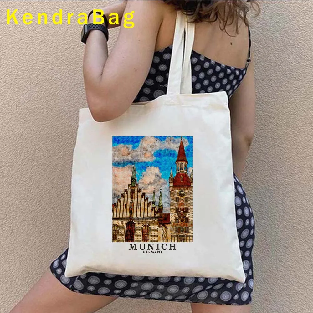 Maldives Singapore Munich New York Santorini Vatican Venice Pisa Rome Wroclaw Architectural Painting Canvas Tote Bag Eco Handbag