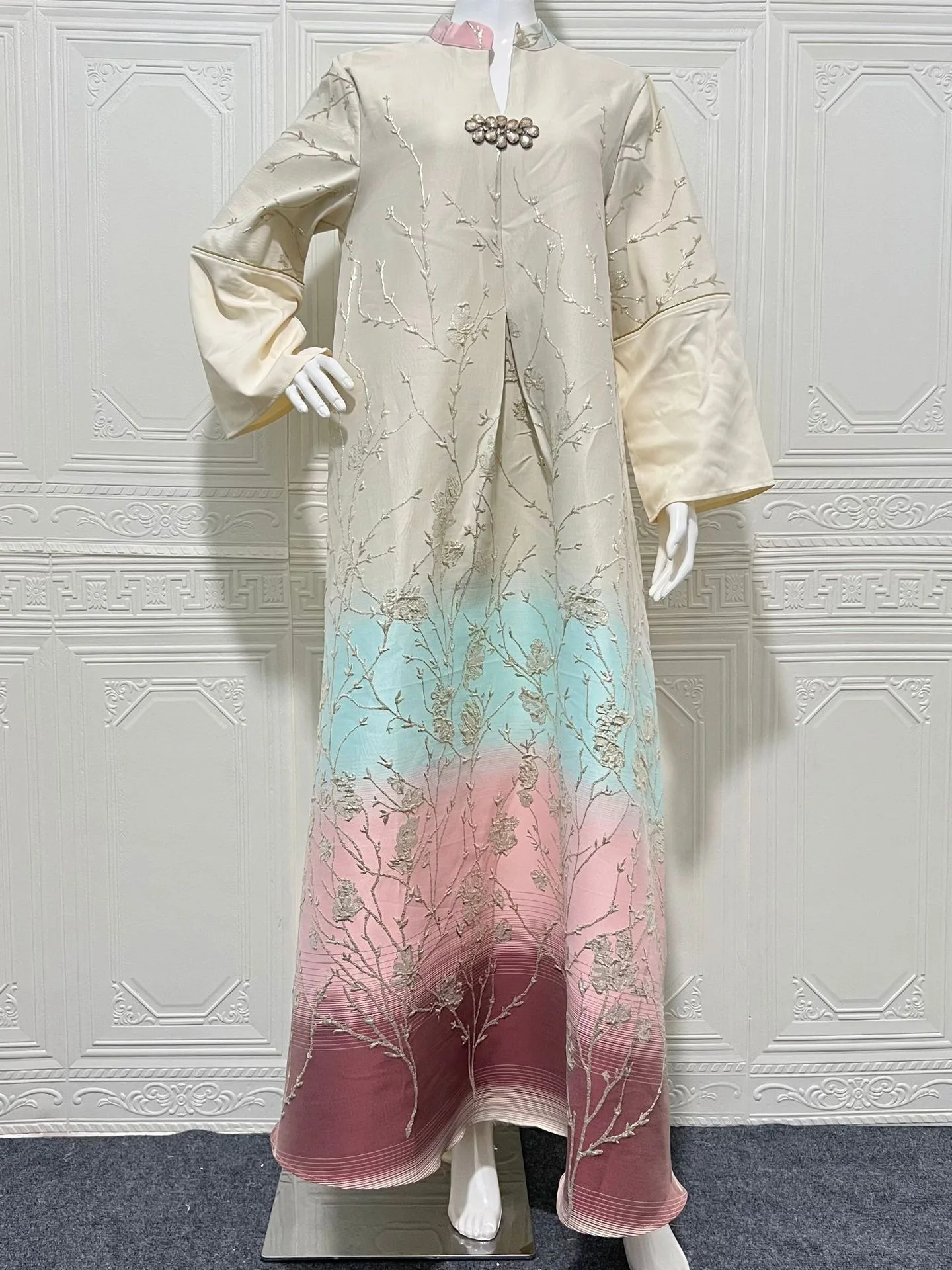 우아한 아바야 럭셔리 자수 프리미엄 두바이 아바야 자카드 그라데이션 자수 카프탄 여성용 단정한 갈라비아