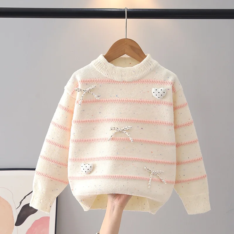 Nice Striped Girl Knitted Sweater with Lovely Polka Dot Fabric Bows and 3D Heart-shaped Appliques New Daily Wear Clothes JY07242