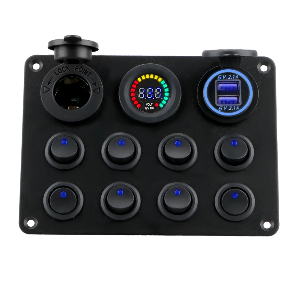 Interior Accessories Universal Car Push Button Switch 12-24V 8 Gang Circuit Breaker Toggle Switch Panel Dual USB Charger