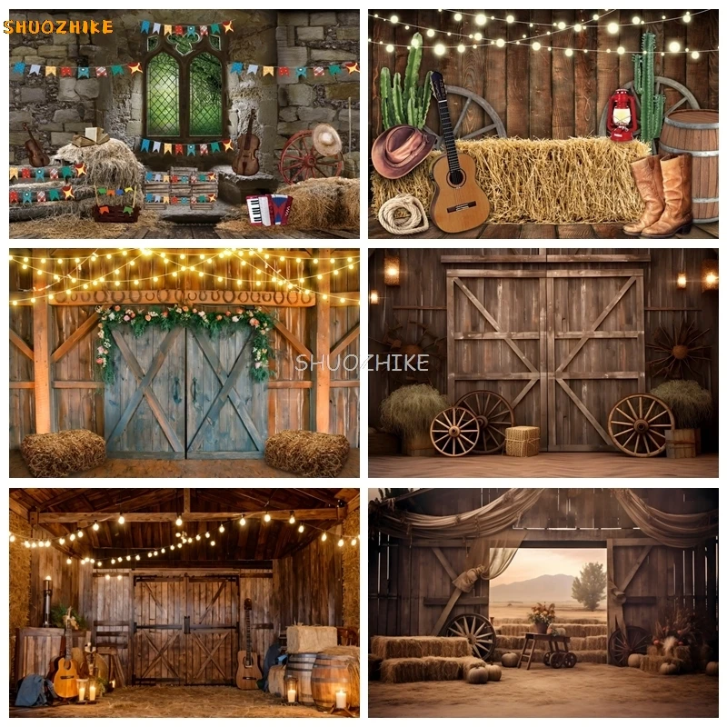 

Wood Rustic Cowboy Backdrop for Photography Farm Barn Western Cowgirl Boy Baby Happy Birthday Party Decor Photo Background Props