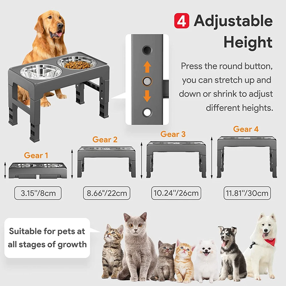 Elevated Dog Bowls,4 Adjustable Heights,Raised Dog Bowl Stand with 2 Stainless Steel Dog Food Bowls,for Large Medium Small Dogs