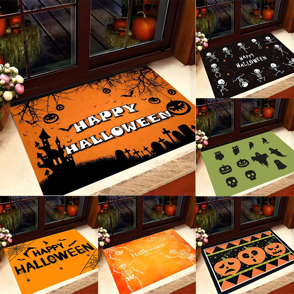 Fußmatte mit Halloween-Motiv, Kürbiskelett, Fledermaus, Geistermuster, weicher, dekorativer Eingangsteppich für gruselige Saisondekorationen