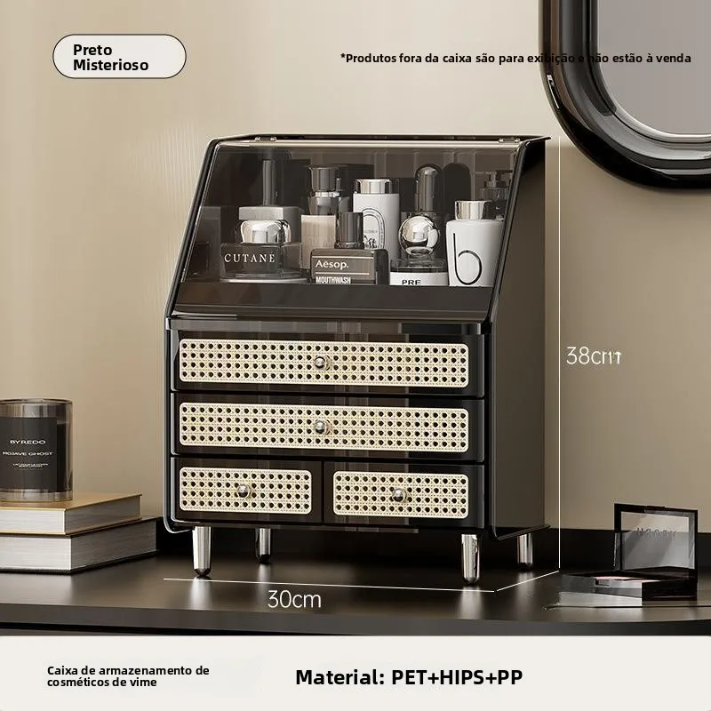 Caixa Organizadora de Cosméticos Lula Estilo Gaveta, Tecida, para Mesa, com Tampa Articulada, em Madeira, com Toque de Luxo
