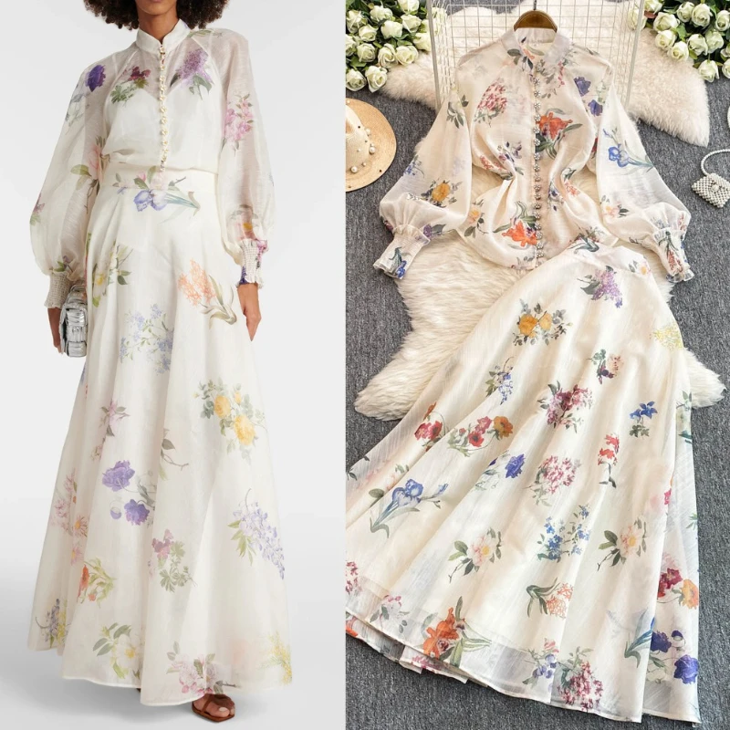 

Female Fashion Floral Elegant Retro Two Piece Set For Women O Neck Long Sleeve Tops High Waist A-Line Skirt Set