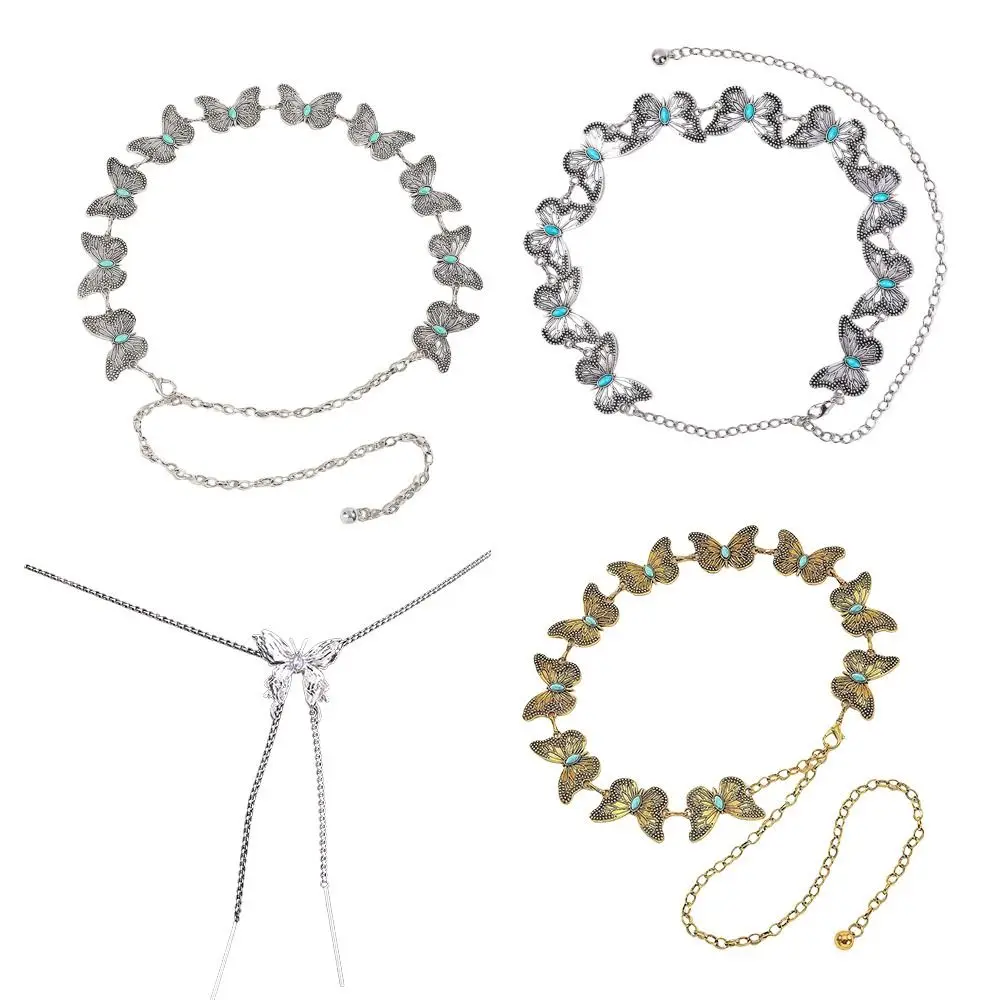 Butterfly Turquoise Inlaid Metal Waist Chain Vintage Retro Decorative High Waist Belts DIY All-Match Belt