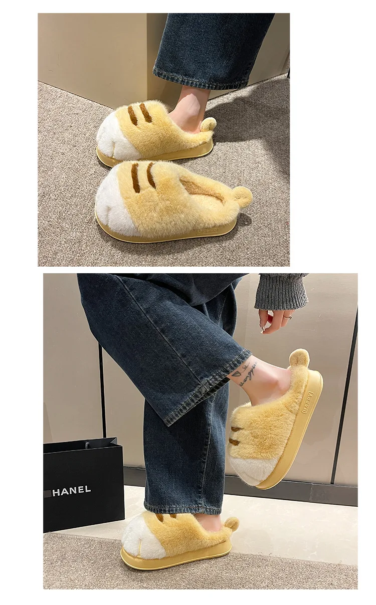 Ins Katzenpfoten-Hausschuhe für Erwachsene, Winter-Flip-Flops, warme Fell-Slides, flauschige Kätzchen-Hausschuhe, Unisex-Hausschuhe mit Tierkrallen-Design, Herren – Detail 9