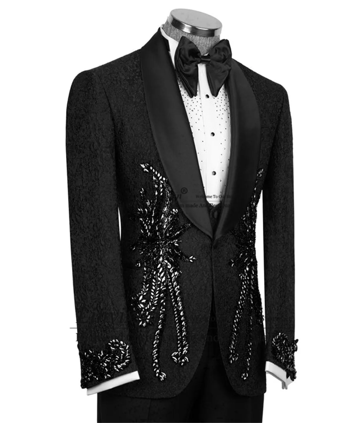 Stone Embroidered Black Tuxedo Men Suits Customized Wedding Groom Slim Fit Ropa Hombre 3 Piece Sets Jacquard Male Prom Blazers