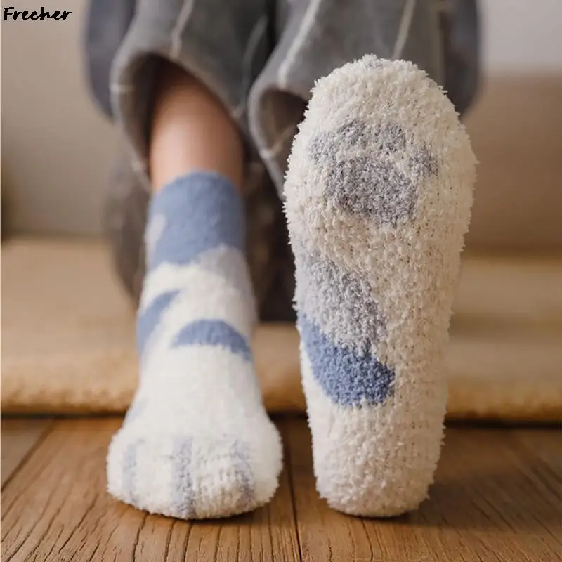 

Coral Fleece Cute Cat Paw Socks Women Cartoon Sleeping Floor Sox Girls Comfort Thermal Sokken Animal Pattern Winter Plush Sock