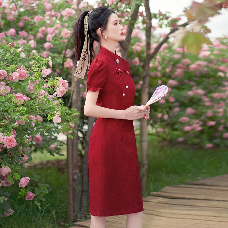 Vermelho estilo tradicional chinês retro cheongsam verão 2024 manga curta moderno qipao vestido ano novo cny