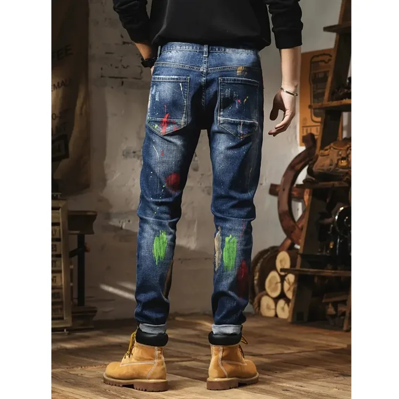 メンズファッション感謝スパッタリング古いジーンズ男性の薄いパンツジーンズ男性服デニム涙ラインストーンだぶだぶの服メンズ