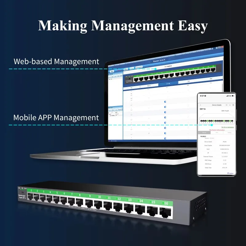 16-Port Full Gigabit Ethernet Switch with Cloud Management APP/Web 10/100/1000Mbps Network Switch