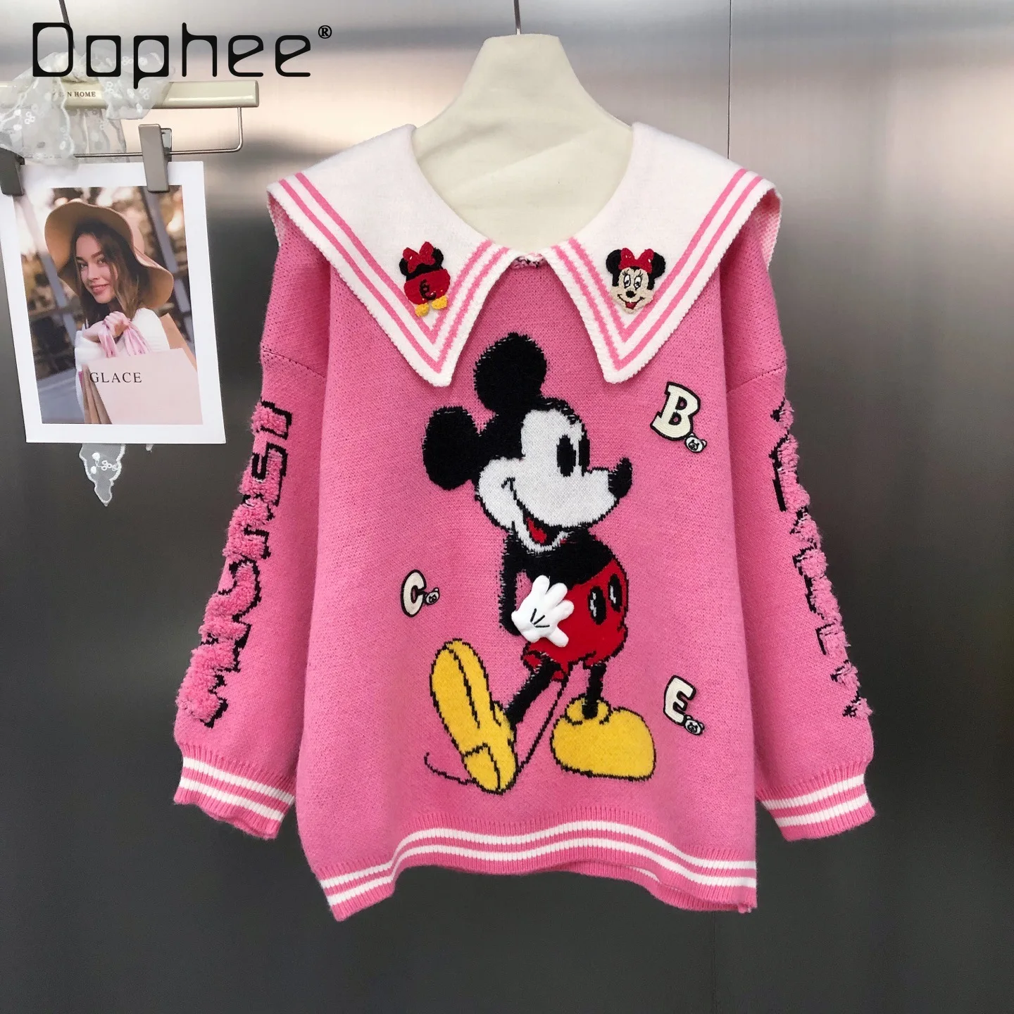 2025 Korean Version Age-Reducing Fashion Navy Collar Embroidered Cartoon Jacquard Loose College Style Pullover Sweater Women