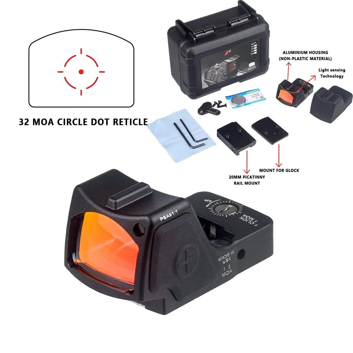 

Metal RM RM-HD Mini Red Green Dot Reflex Sight Universal For Glock Mount Plate Base Adapter With 20mm Riflescope Rail Mount