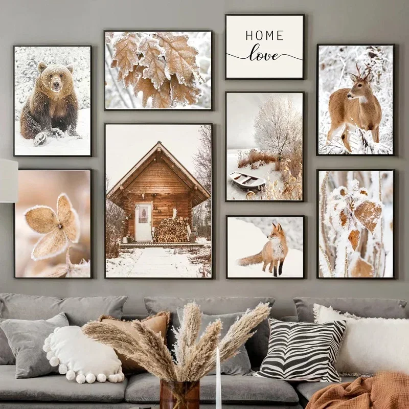 AZNM Nordic Winter Snow Forest Canvas Wall Art Stag Bear Snowy Cabin Frozen Lake Leaf Home Quote Print Rustic Bedroom Unframed C