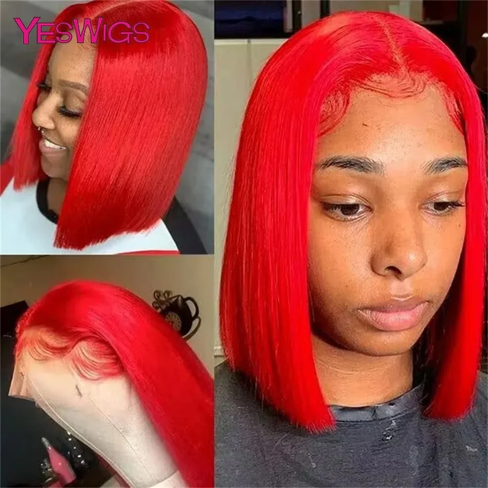 Peruca curta vermelha quente 13x4 peruca dianteira de renda reta para mulheres bob peruca frontal de renda cabelo sintético fibra resistente ao calor uso diário