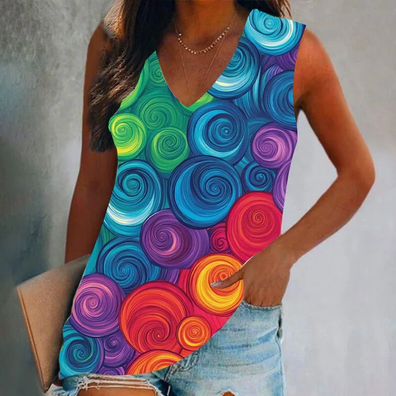 Summer Fashion Colorful Circle 3D Print Tank Tops Women Streetwear Oversized V-Neck Vest Off Shoulder Sleeveless Woman Camisole