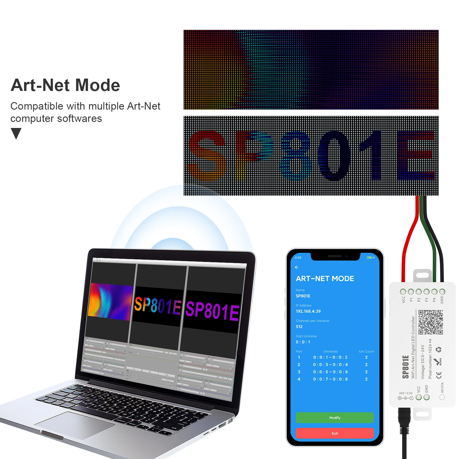 Imagem -05 - Módulo de Painel Matriz Led com Controle sem Fio Sp801e Wi-fi Art-net Controlador Led Mágico Ws2812b Ws2811 Faixa de Luz Ios Android dc 524v