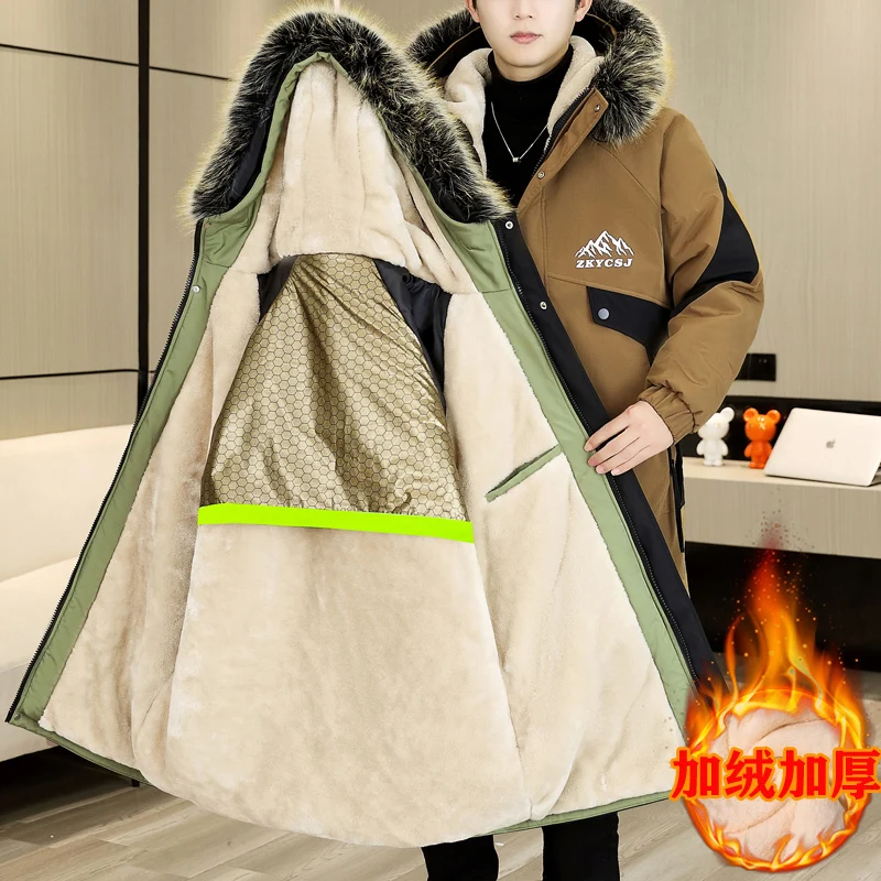 Fashion Men's Mid-Length Warm Plush Hooded Jacket 2026 Winter Streetwear Windproof Fleece Coat Detachable Fur Collar Thick Parka