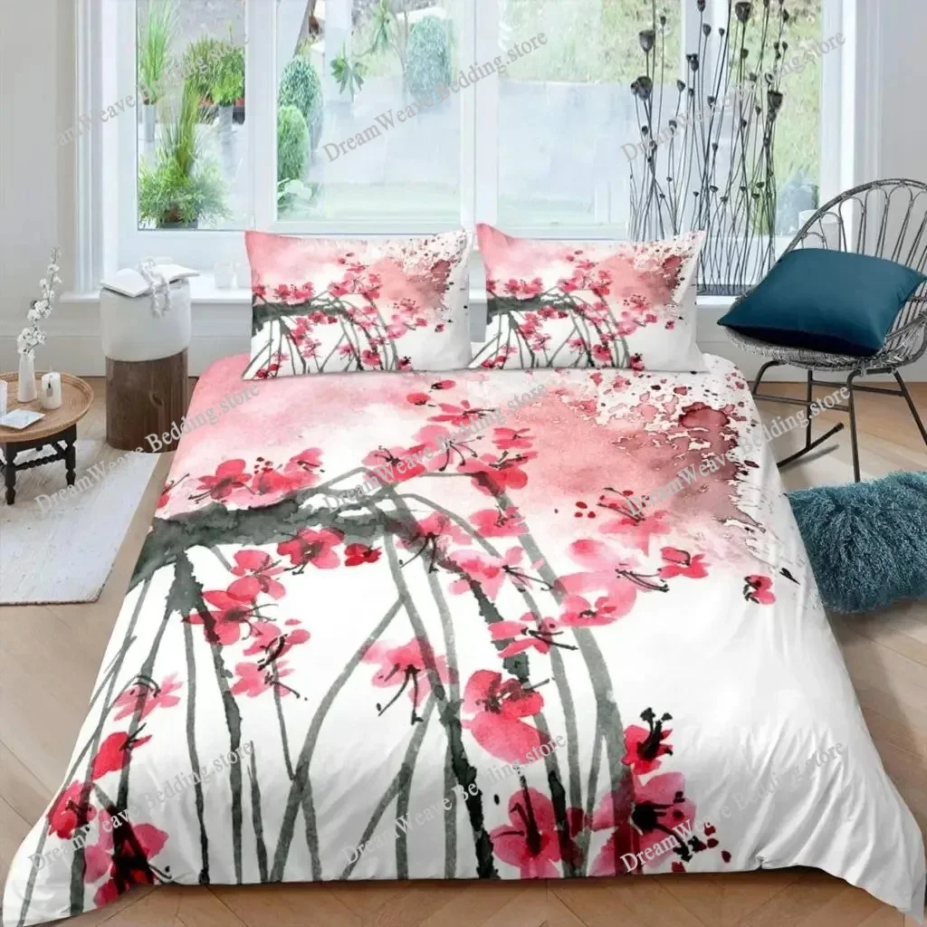 

Plum Blossom Duvet Cover Set Red Flower Floral Comforter Cover for Girls Teens Microfiber Butterfly Branches Printed Bedding Set