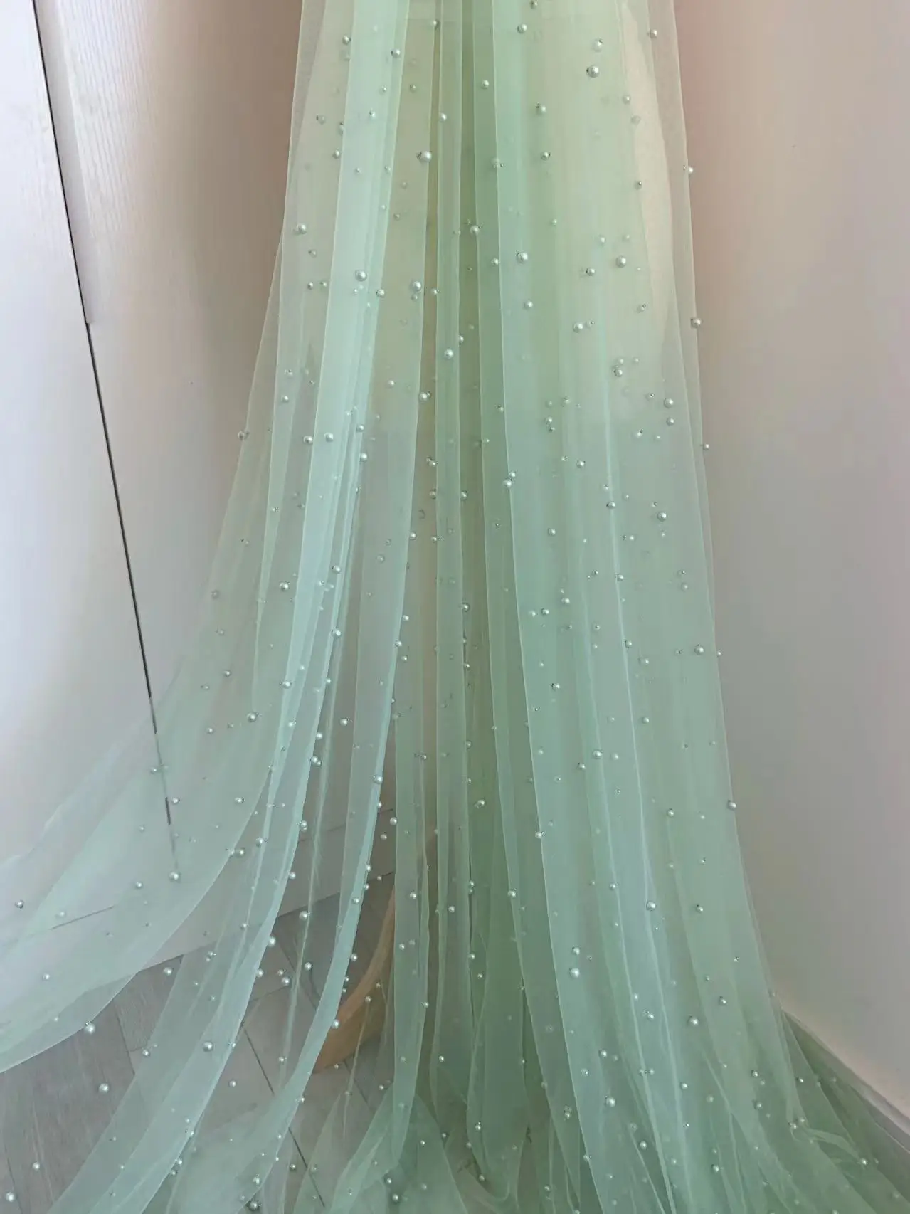 

1 Yard Sage Green Tulle Fabric with Pearl Bead for Bridal Veil Lace,Wedding Dress,Party Decor,Costume,Blue Purple Pink White