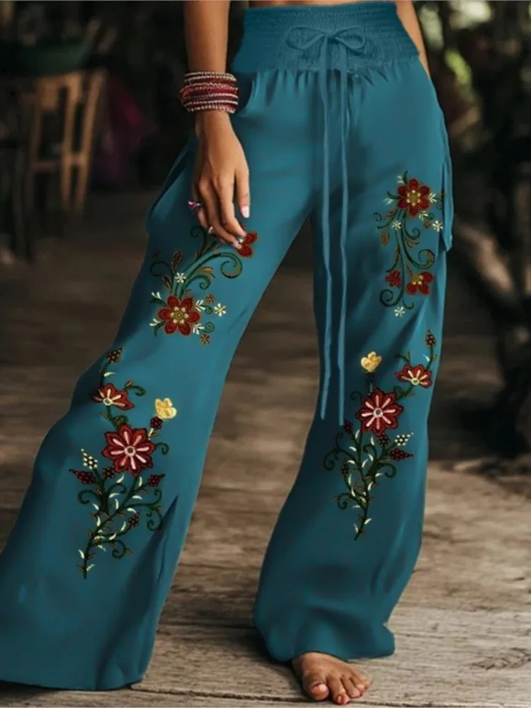

Длинные брюки с принтом в стиле бохо для женщин, модные широкие брюки на шнуровке с высокой талией, женская повседневная праздничная винтажная спортивная женская одежда