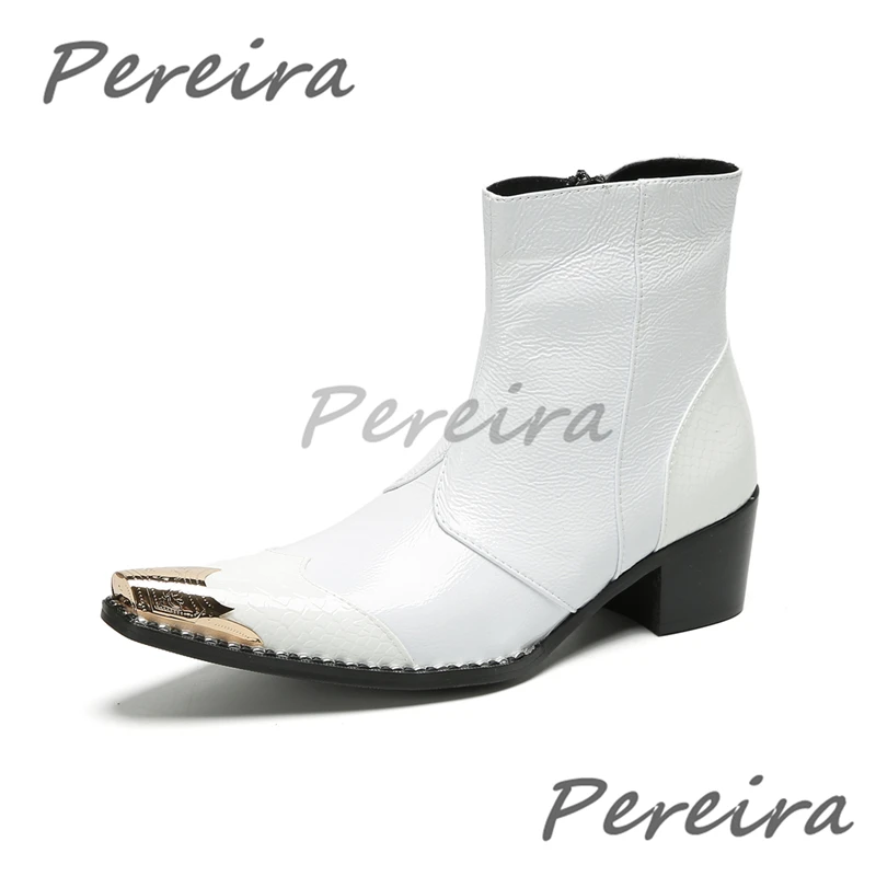 

White Genuine Leather Chelsea Boots for Men Gold Red Metal Pointed Toe Side Zipper Short Boots Trendy Banquet Party Dress Shoes