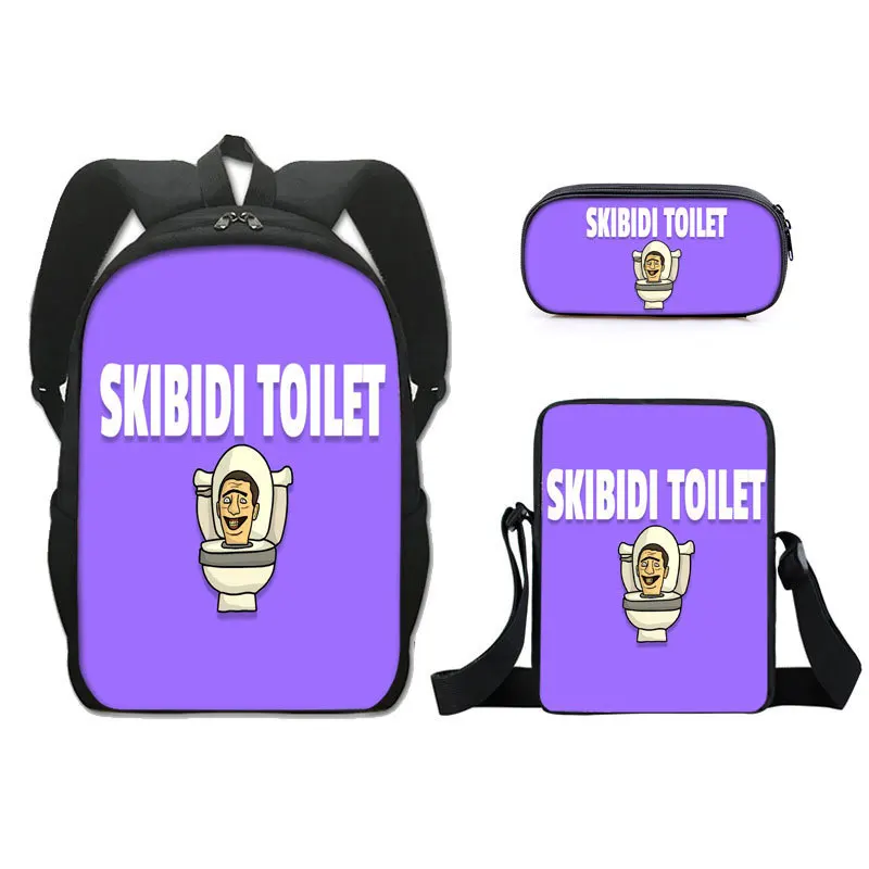 Skibidi Toilet Printed Three Piece Primary School Backpack with High Capacity Polyester Shoulder Bag