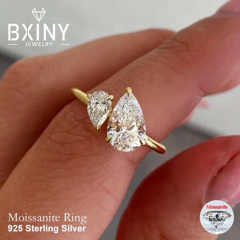 

Кольца BXINY с двойной грушевидной огранкой из муассанита, стерлинговое серебро 925 пробы, позолота 18 карат для женщин, обручальные кольца с 2 камнями и бриллиантами, подарки, ювелирные изделия