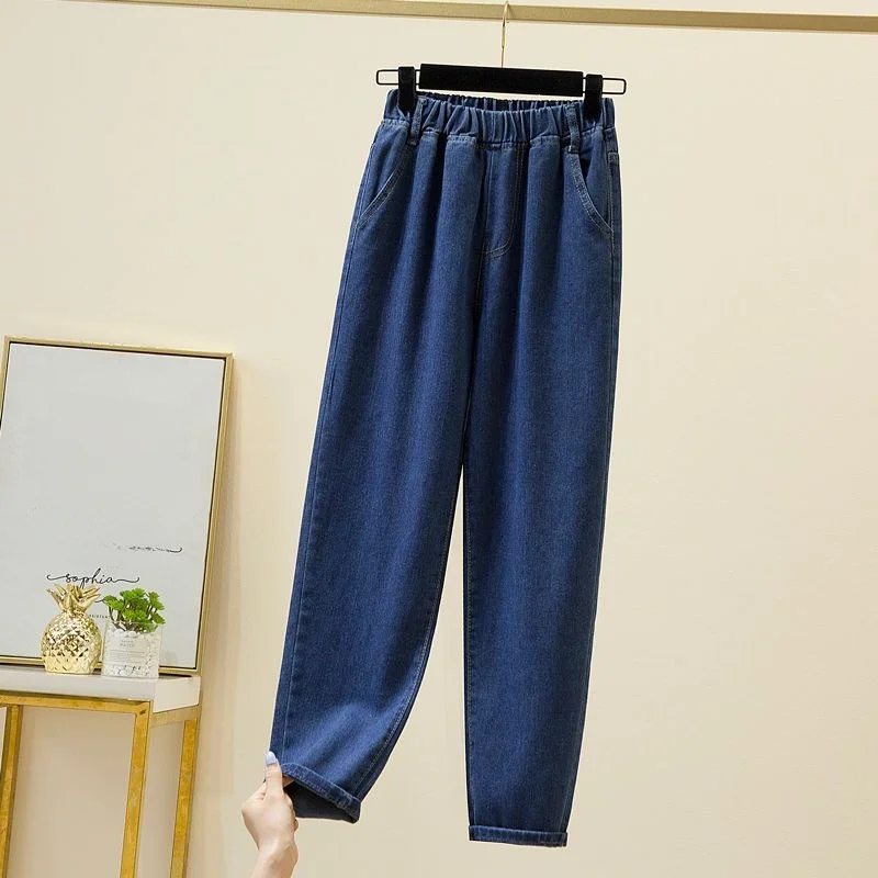 بنطلون جينز نسائي بخصر مرتفع مرن مقاس كبير، تصميم صيفي جديد نحيف بطول تسعة أرباع، بنطلون واسع الساق #4