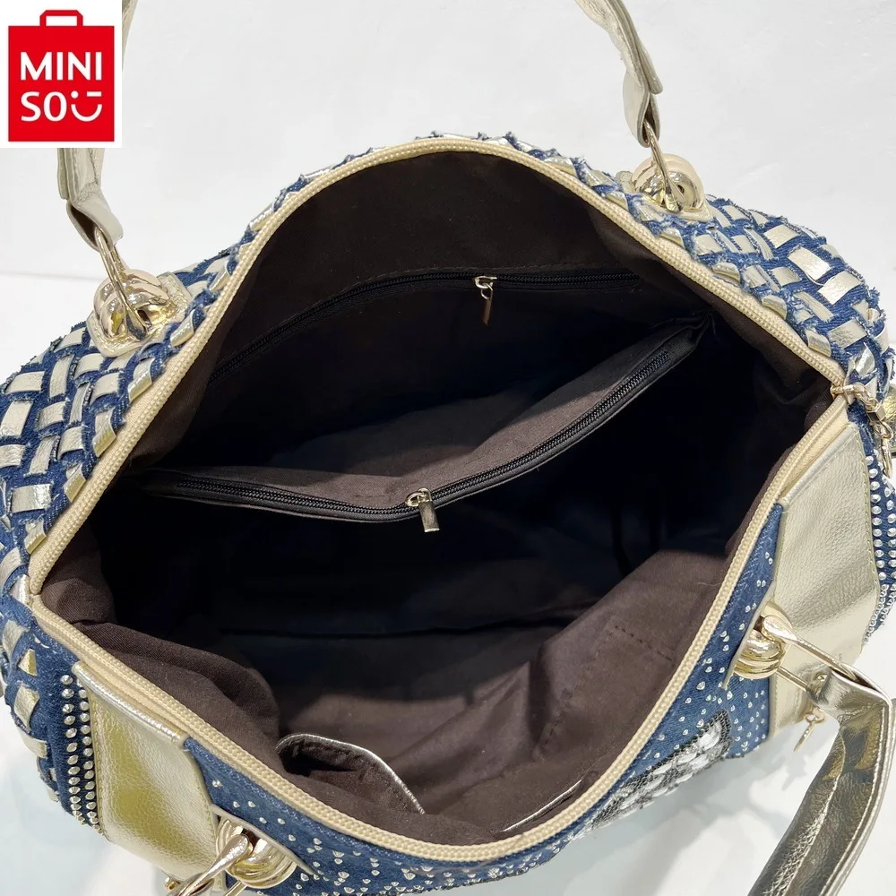 MINISO 2024 Fashion denim diamond inlaid large capacity handbag for women\'s high-quality versatile diagonal cross bag