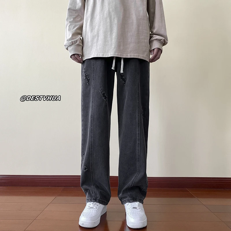 

Мужские джинсы прямого кроя, повседневные брюки, свободные широкие брюки в американском стиле, модные молодежные брюки для отдыха на весну и осень