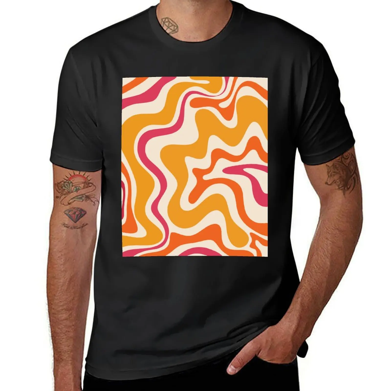 Retro Liquid Swirl Abstract Pattern Mustard Ochre Orange Magenta T-Shirt vintage clothes Blouse tops Men's t-shirts