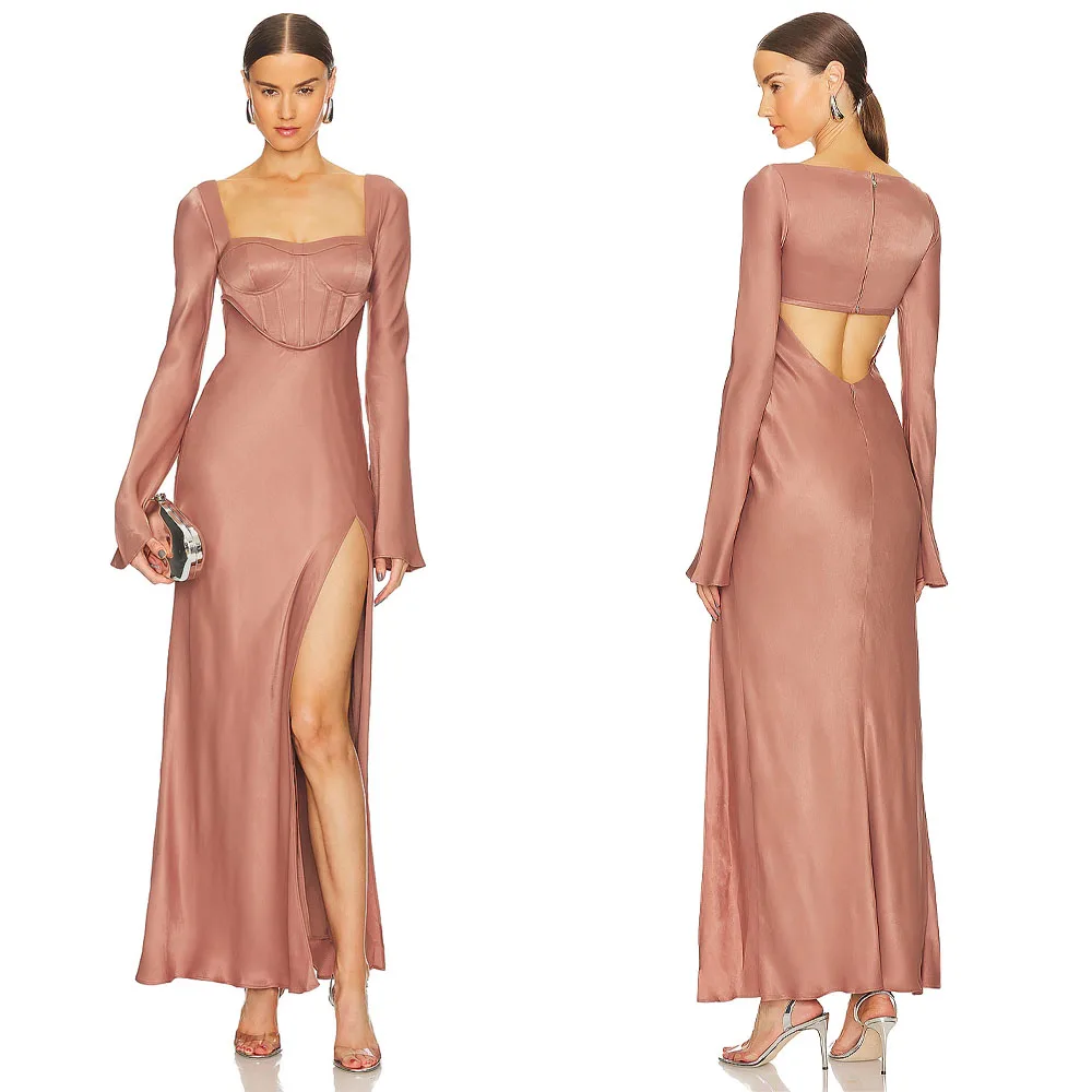 

Customized High Quality Ankle Length Backless Sweetheart Full Sleeves Zipper High Fork Elegant Dress Women for Wedding Party