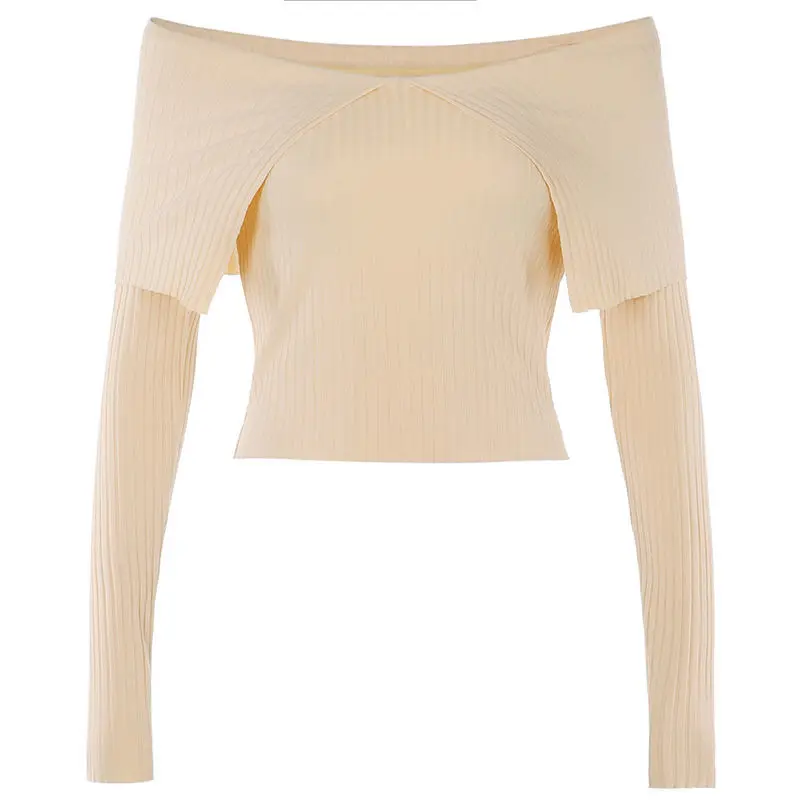 Knitted 2023 Spring Autumn New Sexy Low-Cut Tight-Fitting Solid Color Bottoming Elegant Sweater Temperament Shirt Off Shoulder