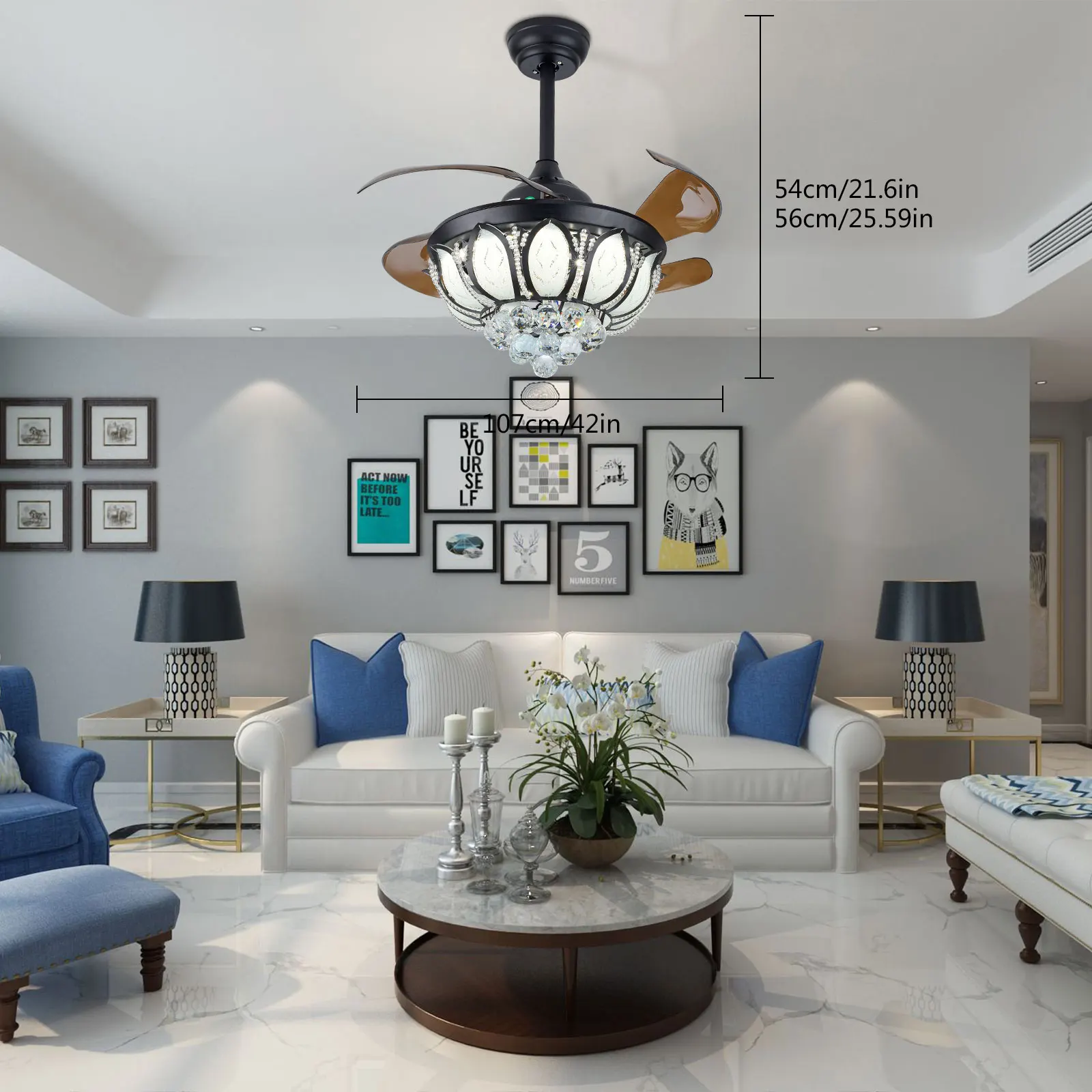 42" 56W Retractable Invisible Ceiling Fan Crystal Light Modern LED Chandelier Remote  LED