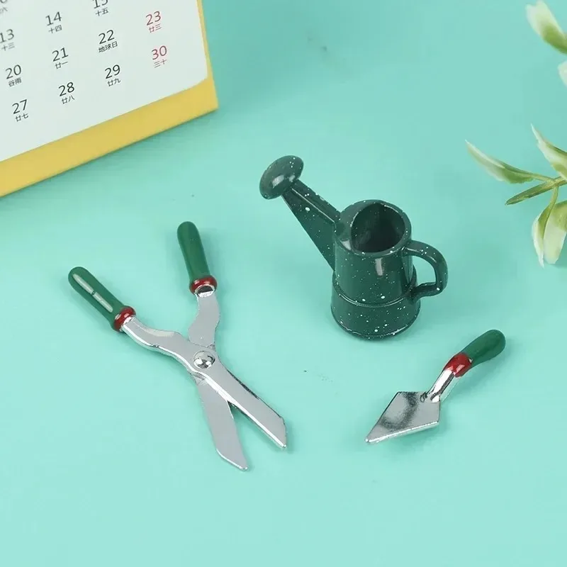 1:12 Scale Dollhouse Mini Metal Garden Tools, Tiny Watering Can Shovel Scissors, Miniature Gardening Ornaments