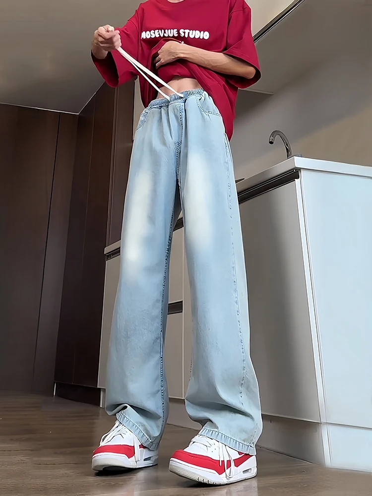 

Lysel Silk Tead Jeans Men Summer Thin Straight Leg Ice Silk Pants American Sle Long Trousers Breathable Loose Fit Jeans