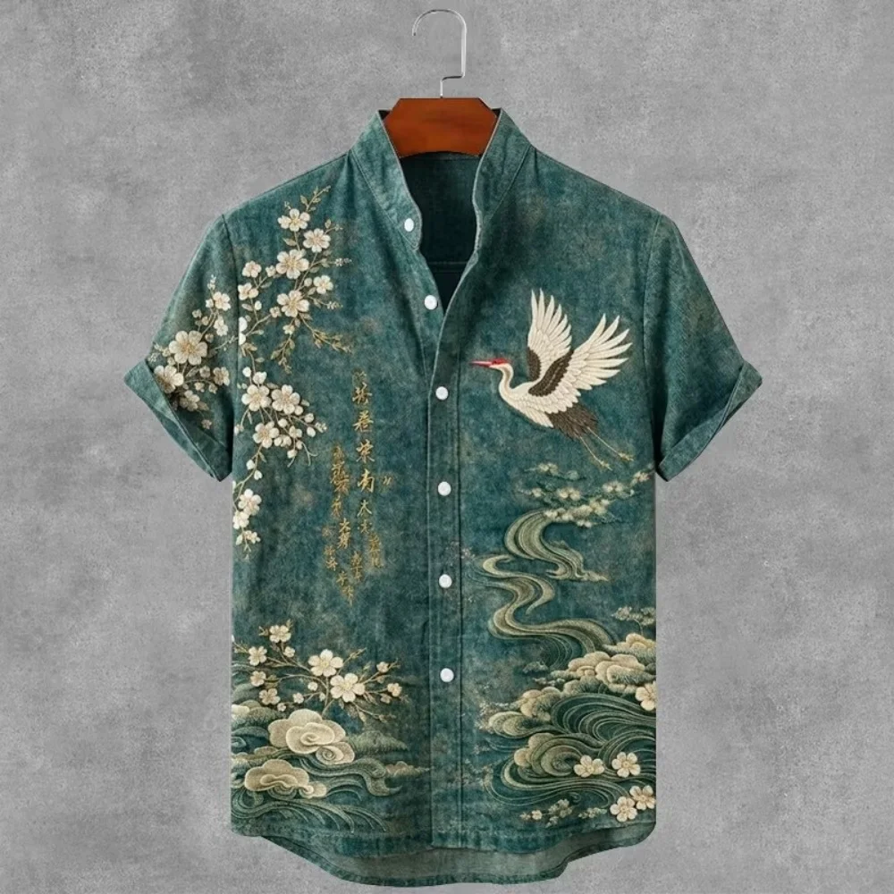 Retro green Chinese red crowned crane plum blossom wave calligraphy printed short sleeved shirt stand collar Hawaiian shirt