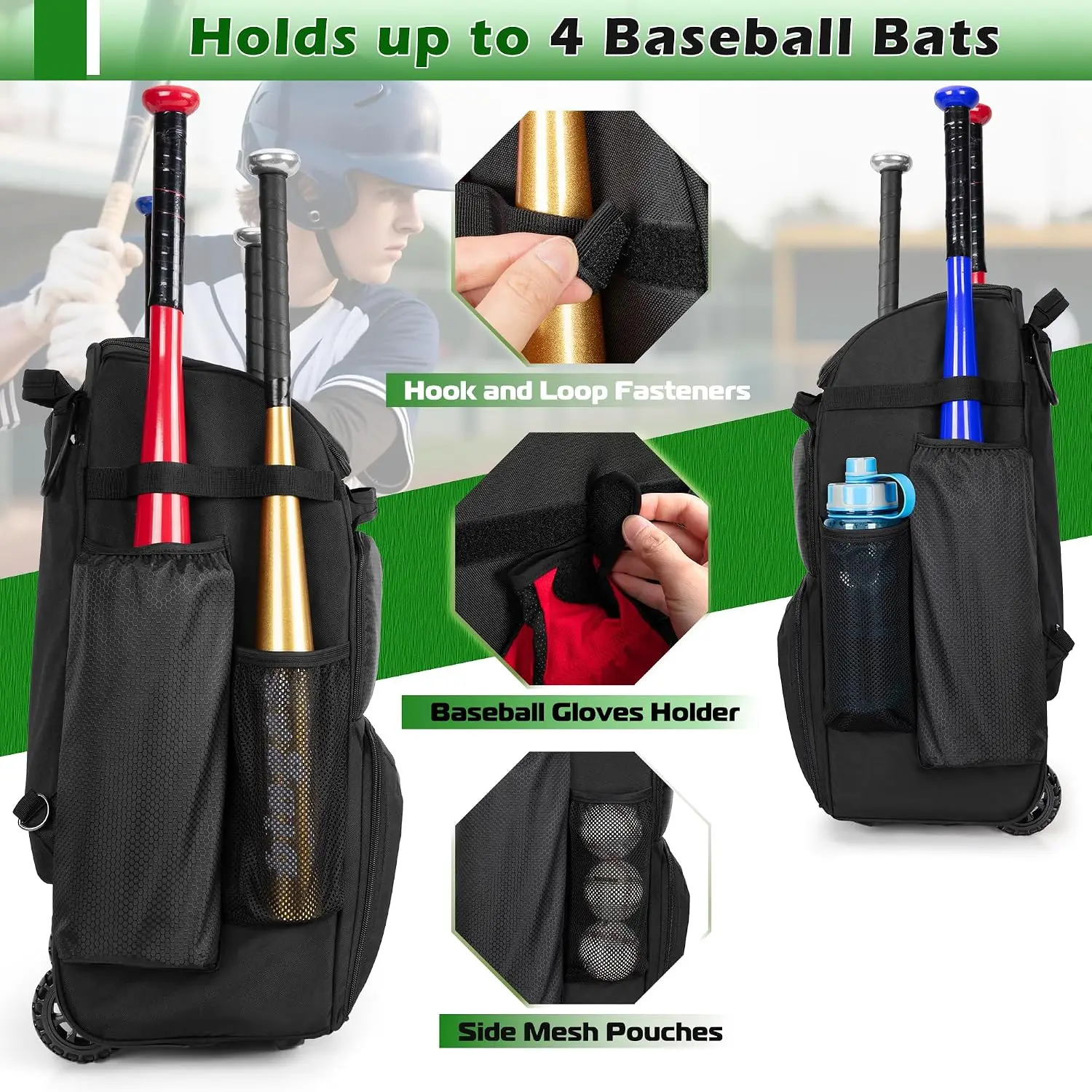 Rolling Baseball Backpack With Wheels Heavy Duty Softball Gear Equipment Bag Holds Four Bats With Shoe Compartment Fence Hook And Detachable Straps Portable Sports Backpack Black view 3