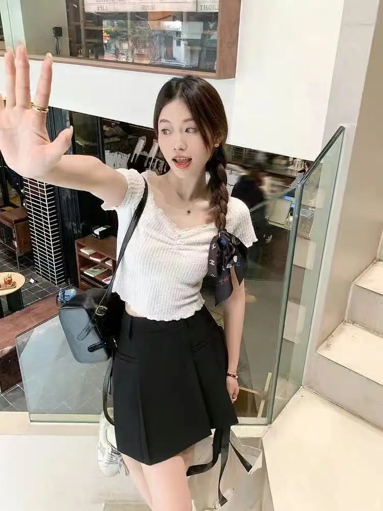 

Серая плиссированная мини-юбка женская весна-лето с высокой талией на шнуровке и бантом Y2k юбки трапециевидной формы милый офисный женский костюм юбка новинка