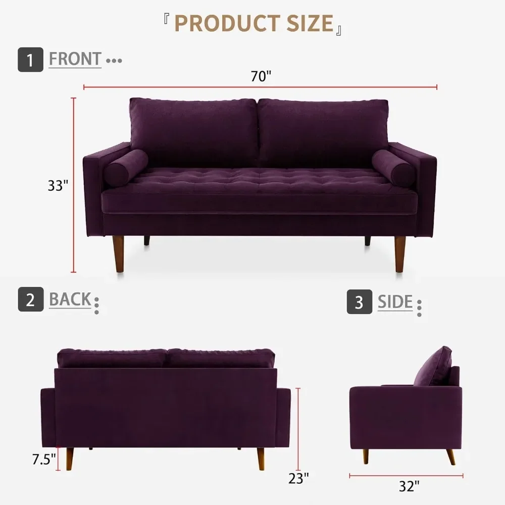 , Mid-Century Modern Loveseats for Living Room, Love Seat Couch Sofas, 70 Inches, Eggplant