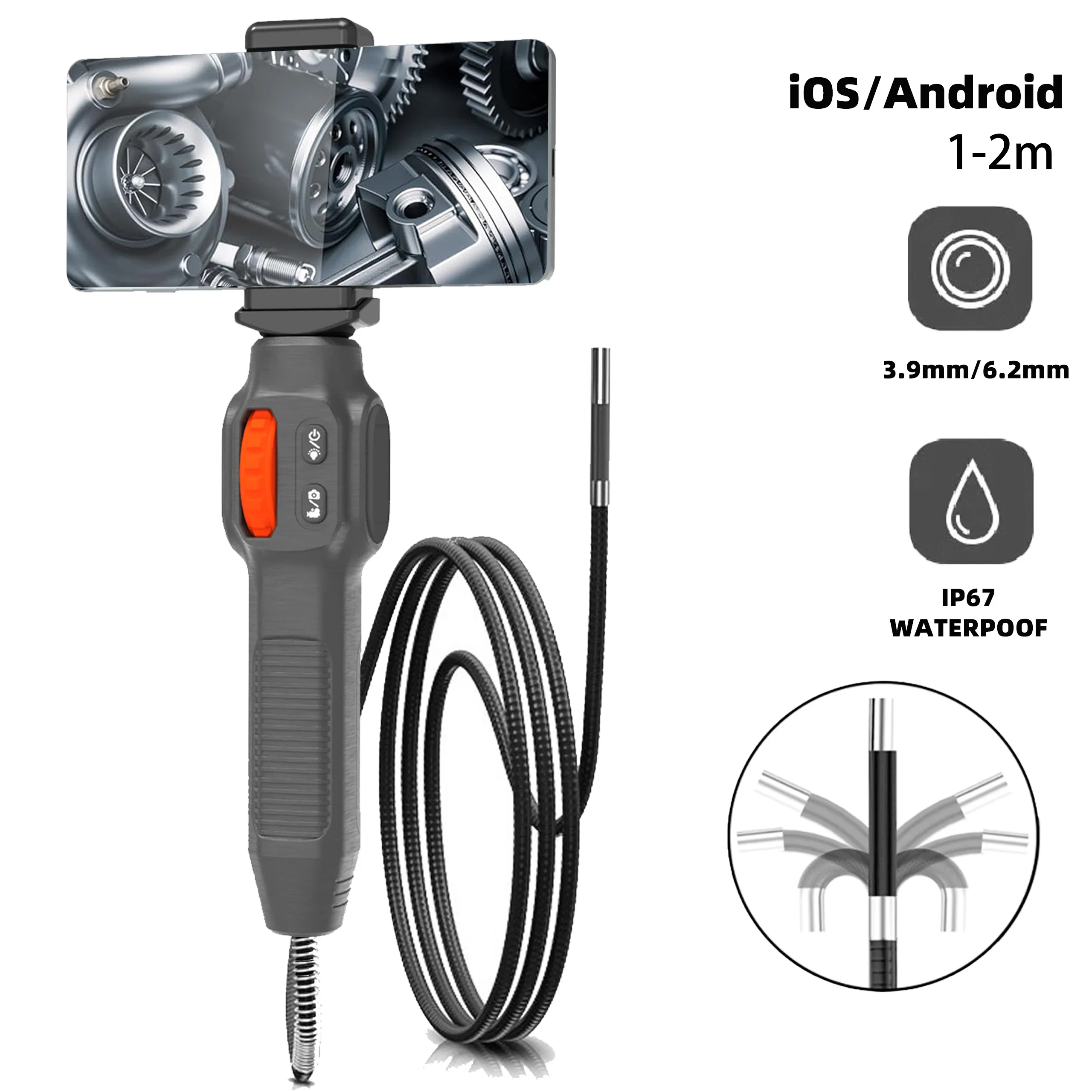 Articulated Boroscope Video Channel Endoscopic Inspection Endoscope Camera Head 3.9/6mm for Automotive Inspetions with 1-2m